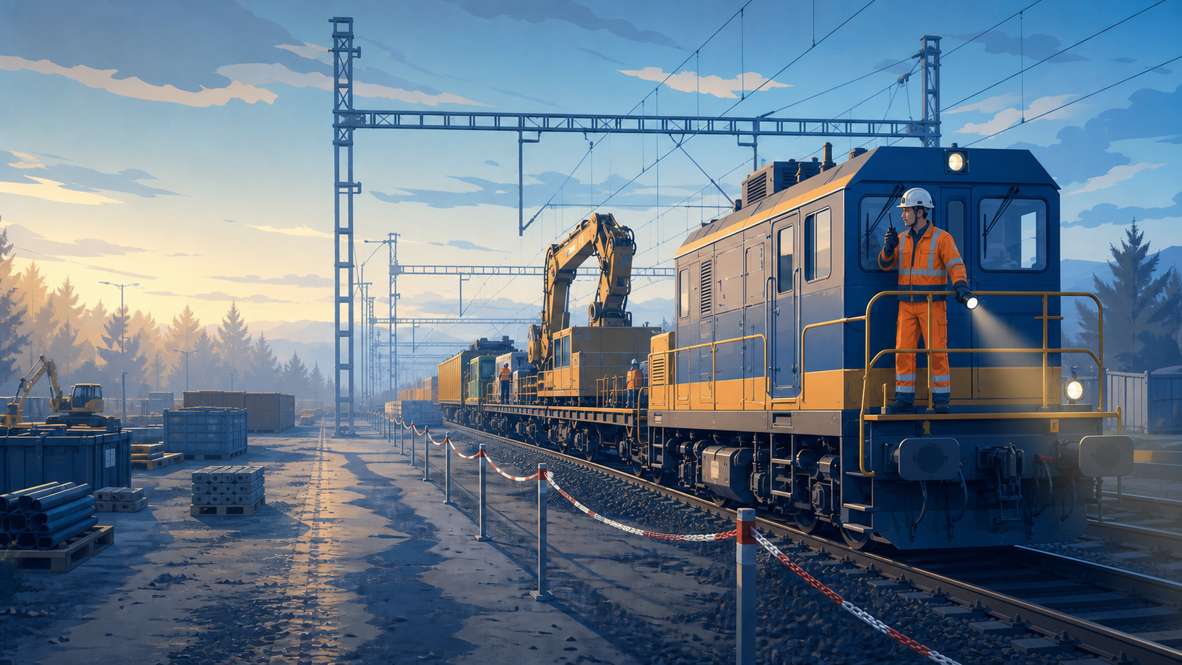 Illustration eines Arbeitszugführers mit Funkgerät und Taschenlampe auf dem Tritt an der besetzten Spitze eines Arbeitszuges